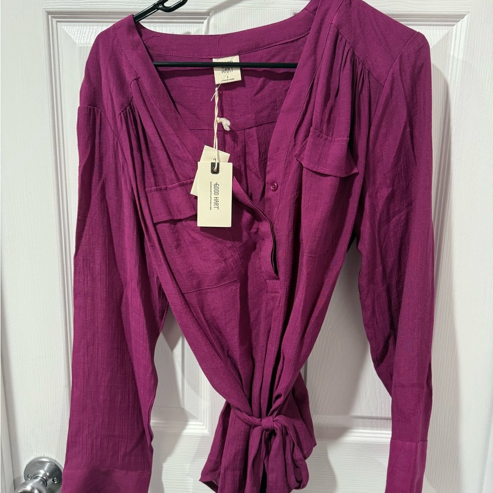 NWT Good Hart Elegant Pink and Purple Tie-Front Blouse, size L